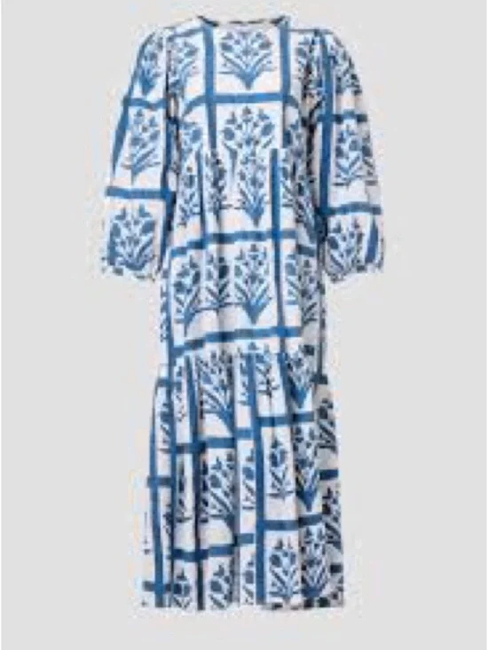 SZ Block Prints /Orti Blue and White Cotton Floral Midi Dress - Sz L - Picture 2 of 12
